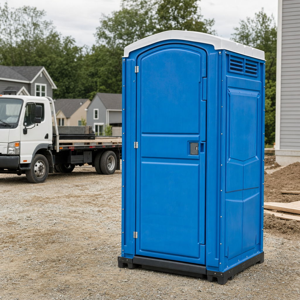 Delivery driver positioning a clean royal-blue portable toilet on level ground at a Boise worksite
