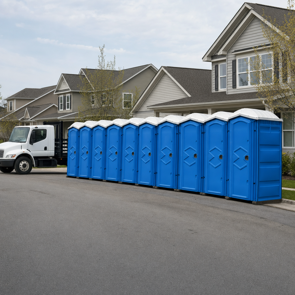 Royal blue portable toilets staged in a tidy row at a Boise jobsite, ready for delivery
